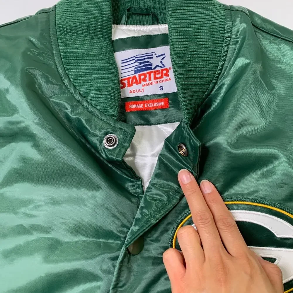 Green Bay Packers Jacket Mens S Satin Varsity Snap Bomber Starter Homage Retro